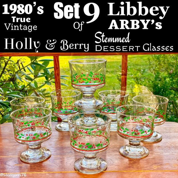🆕VTG▪️LIBBEY▪️ARBY'S Set of 9 Holly & Berry Gold Trim Stemmed Dessert Glasses - Picture 1 of 6